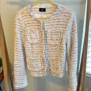 Vici Cream Tweed Blazer with Fringe Trim